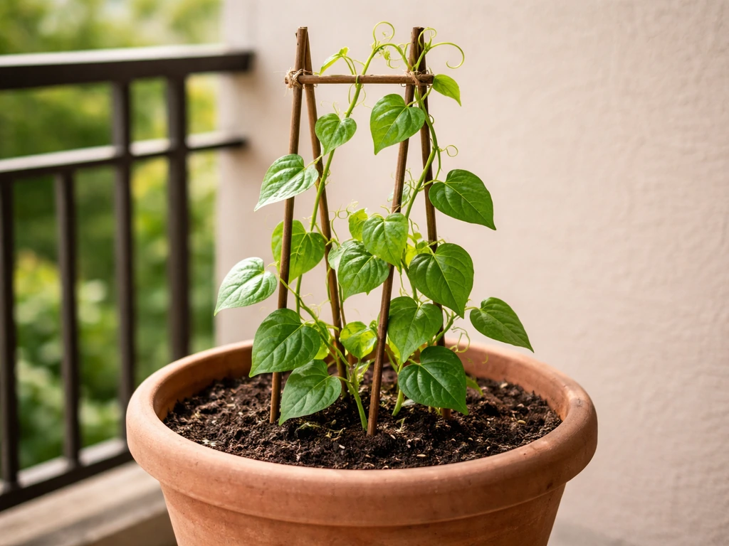 Lush chukkakura (Basella) climbing in a pot on a sunlit balcony with small tendrils reaching upward.