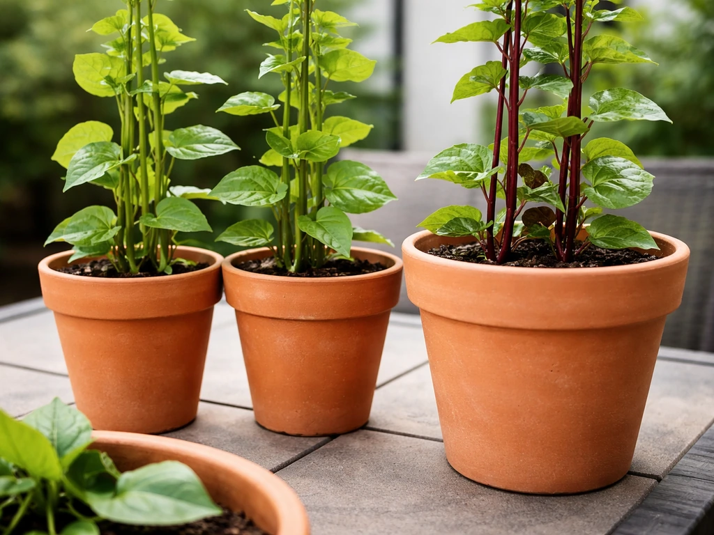 Green-stem and red/purple-stem chukkakura vines side-by-side in planters with a properly sized pot