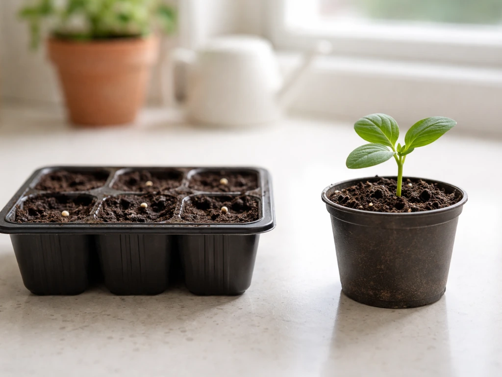 Side-by-side close-up of seed-starting tray with seeds and a potted seedling ready for transplant.