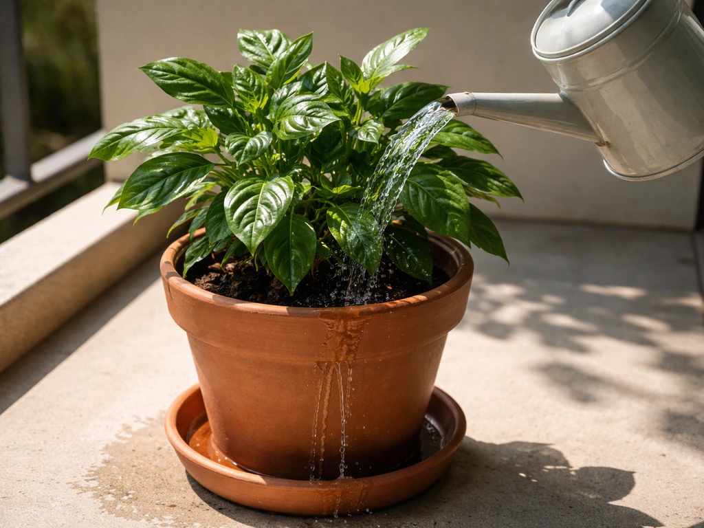 Potted chukkakura in bright sun while water pours from a watering can with visible drainage runoff.