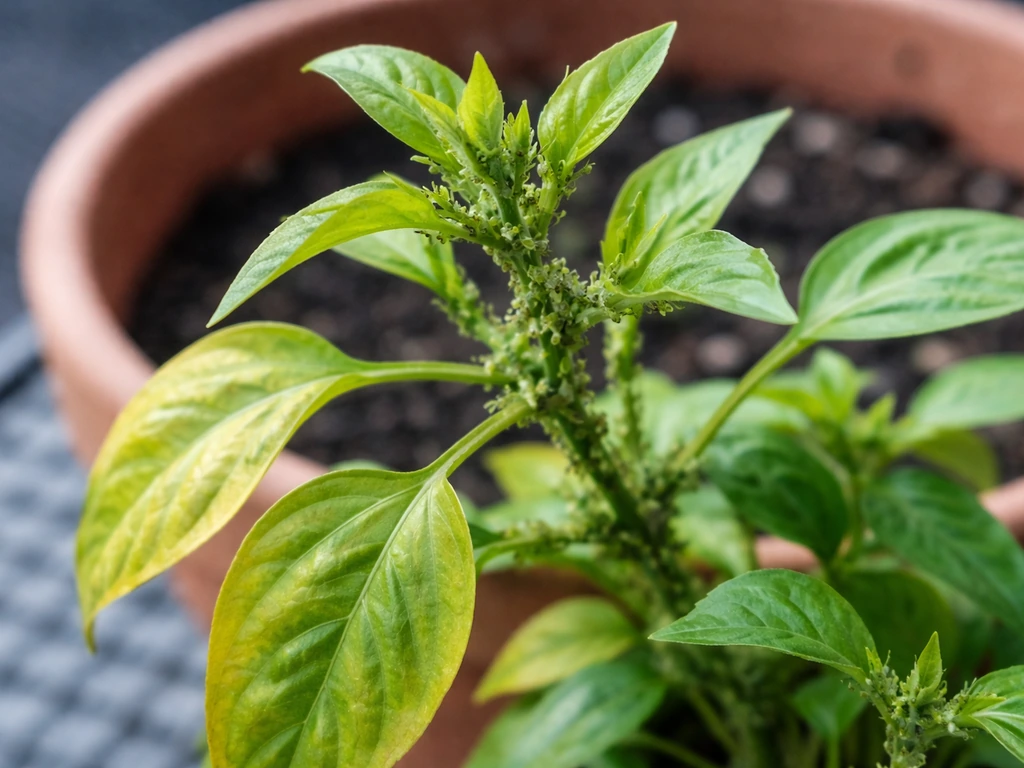 Close-up of leafy container plant with small aphids on new growth and yellowing leaves from overwatering
