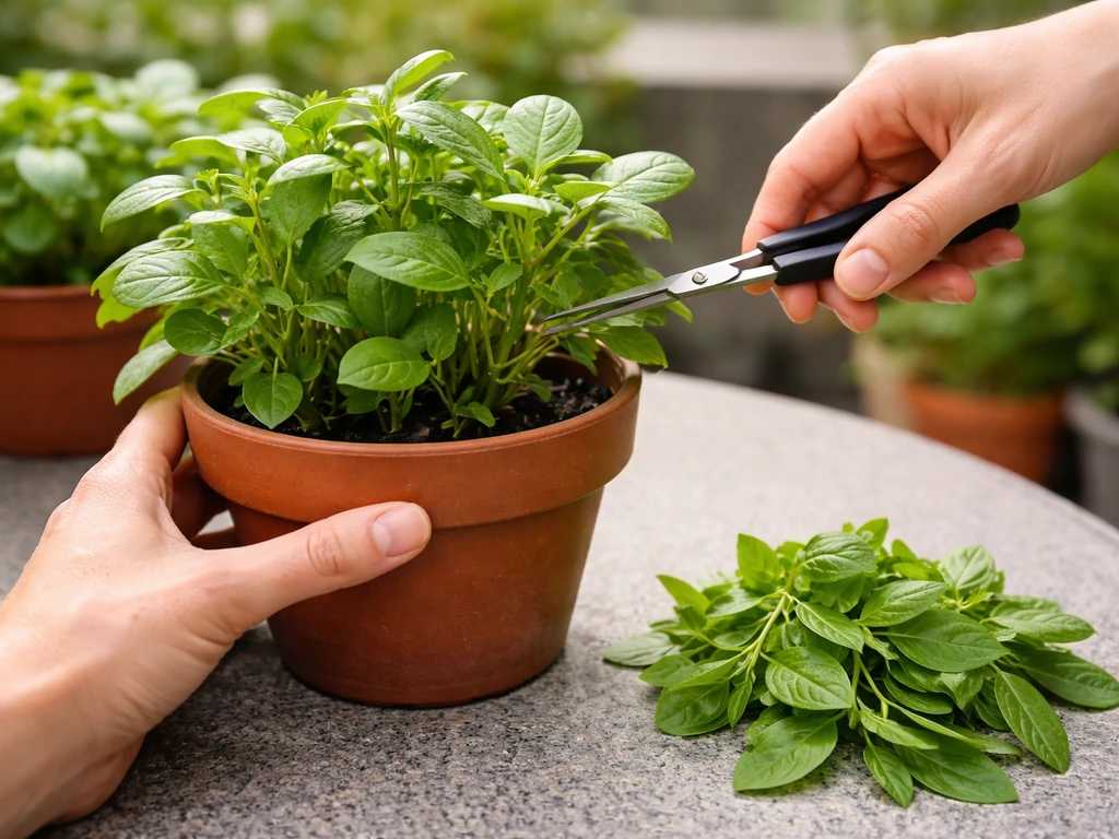 Hands snipping chukkakura stem tips from potted plants with a small pile of harvested greens beside them.