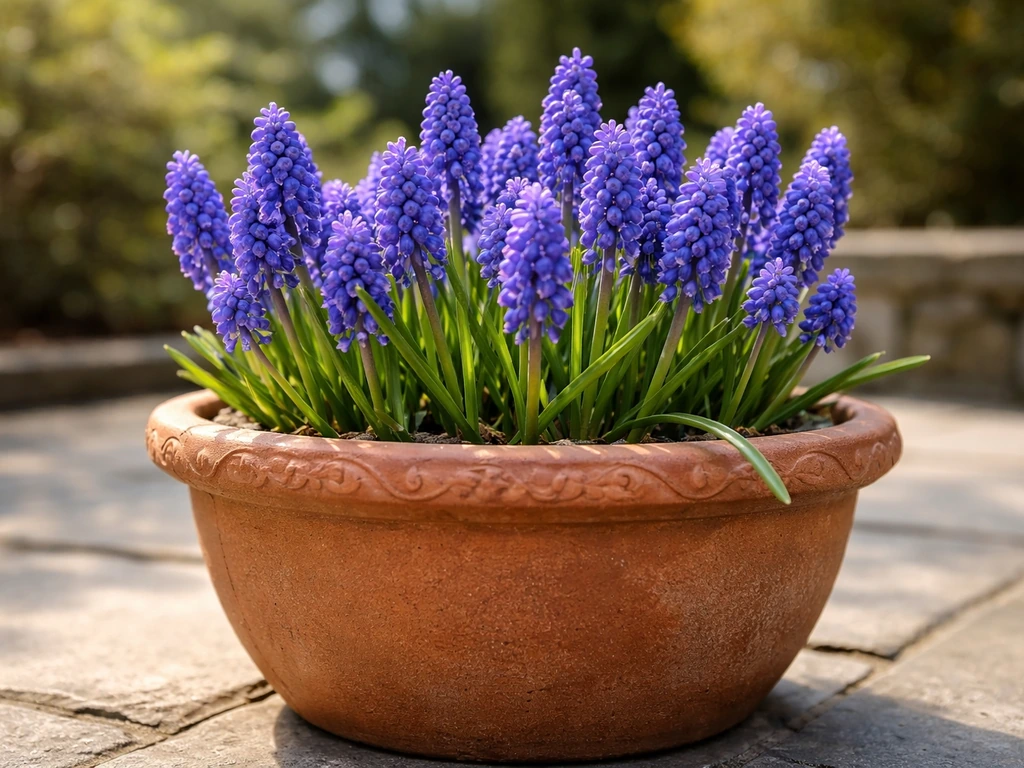 Blue-purple grape hyacinth blooms in a terracotta pot on a sunlit garden patio.