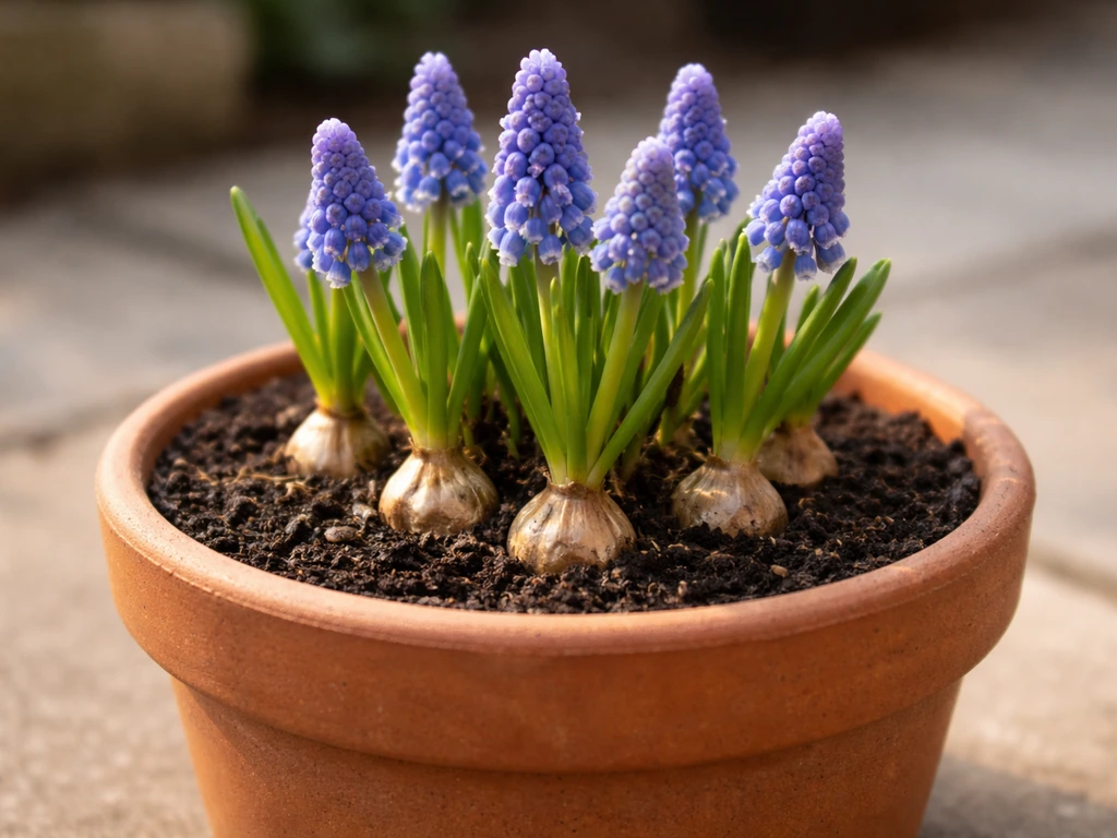 Close-up of grape hyacinth flowers blooming in a small pot with visible bulbs and green shoots.