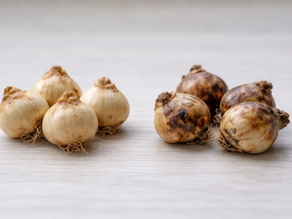 Close-up comparison of firm, dry grape hyacinth bulbs beside soft, moldy damaged bulbs