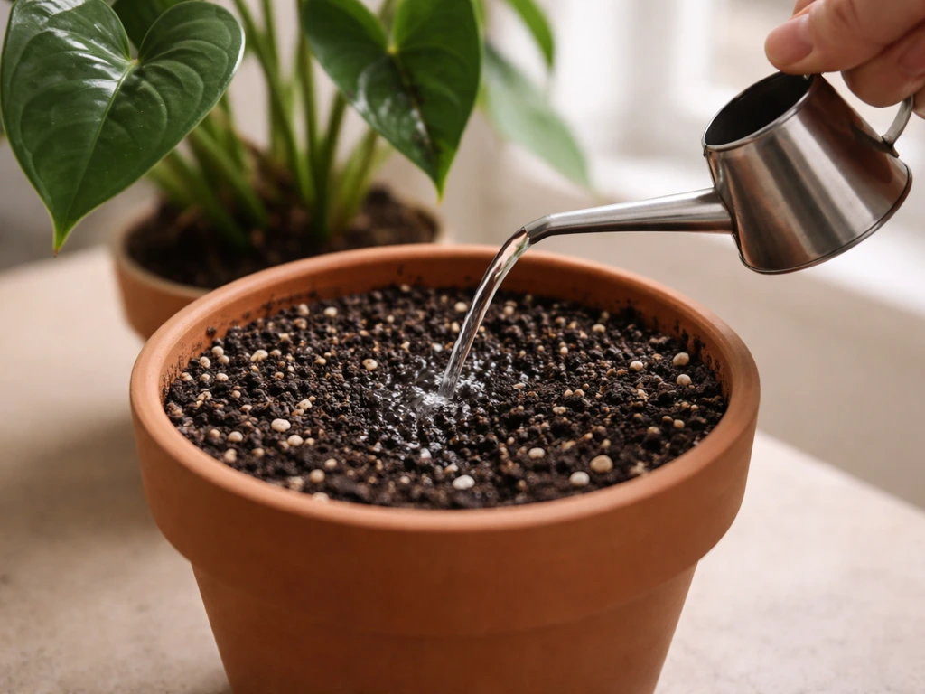 Hand watering an anthurium pot with well-draining potting mix, perlite visible on moist soil.