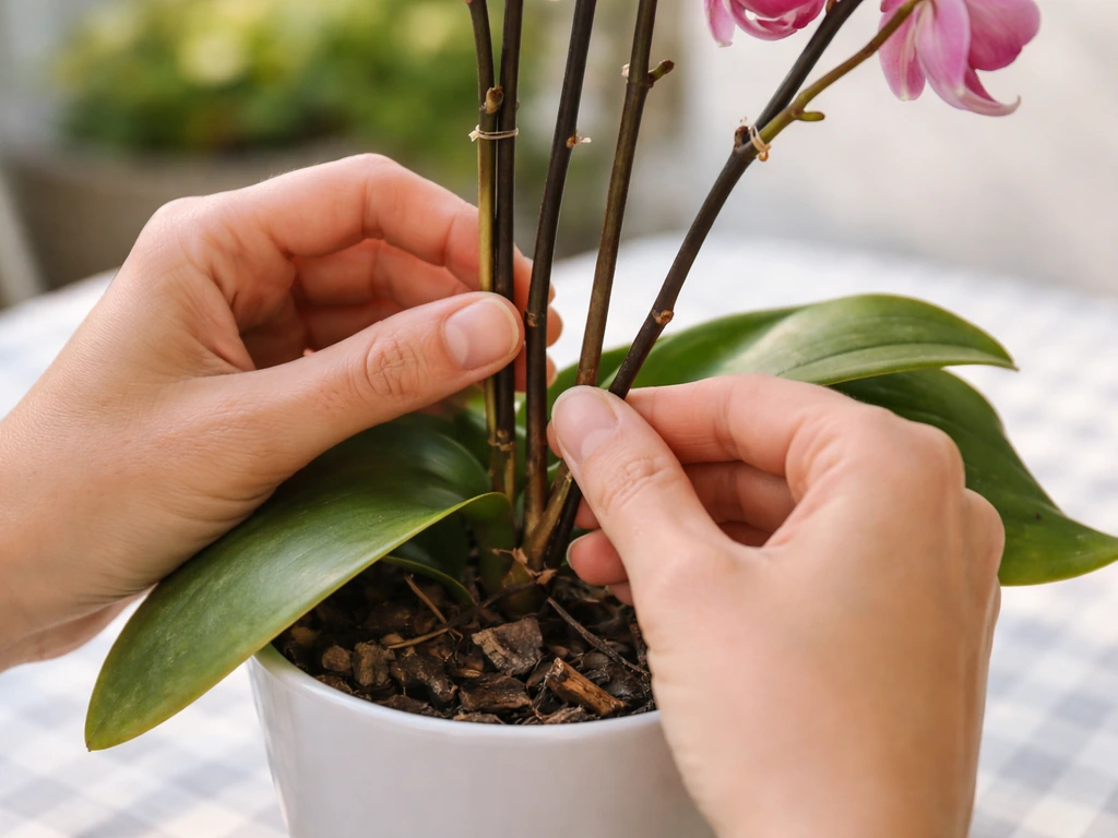 Hands cutting a spent flower stalk while intact fading leaves remain on a potted plant.