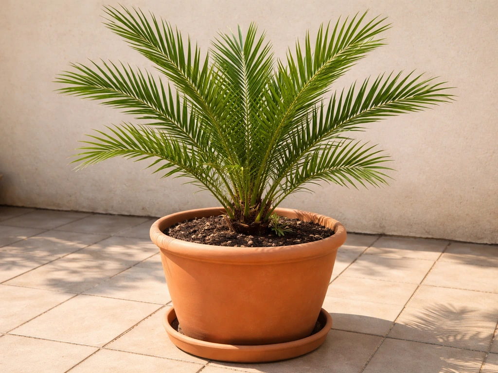 Healthy date palm in a large pot on a sunny patio with soil and fronds visible.