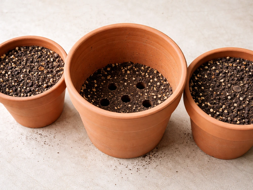 Close-up of terracotta pots of different sizes beside a drilled container with drainage holes and potting mix depth.