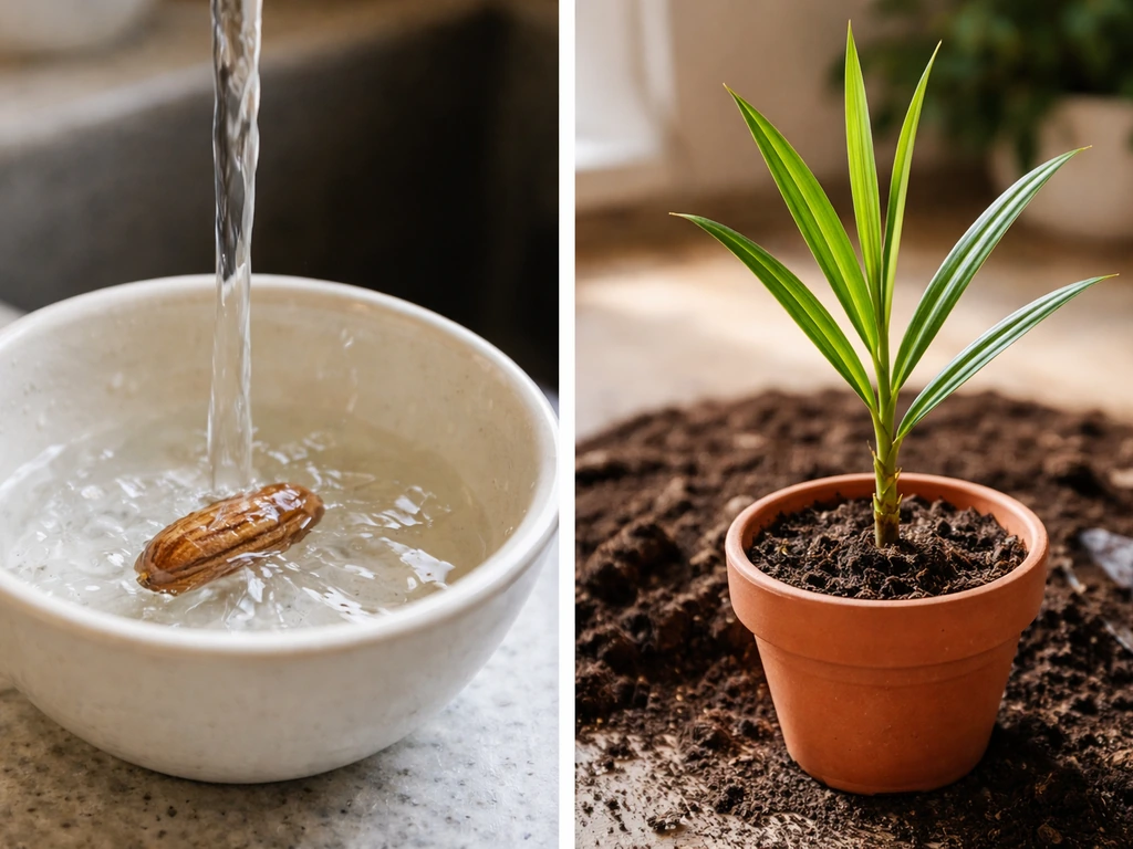 Rinsing a date pit in water (left) and a young nursery date palm in a pot ready to plant (right).