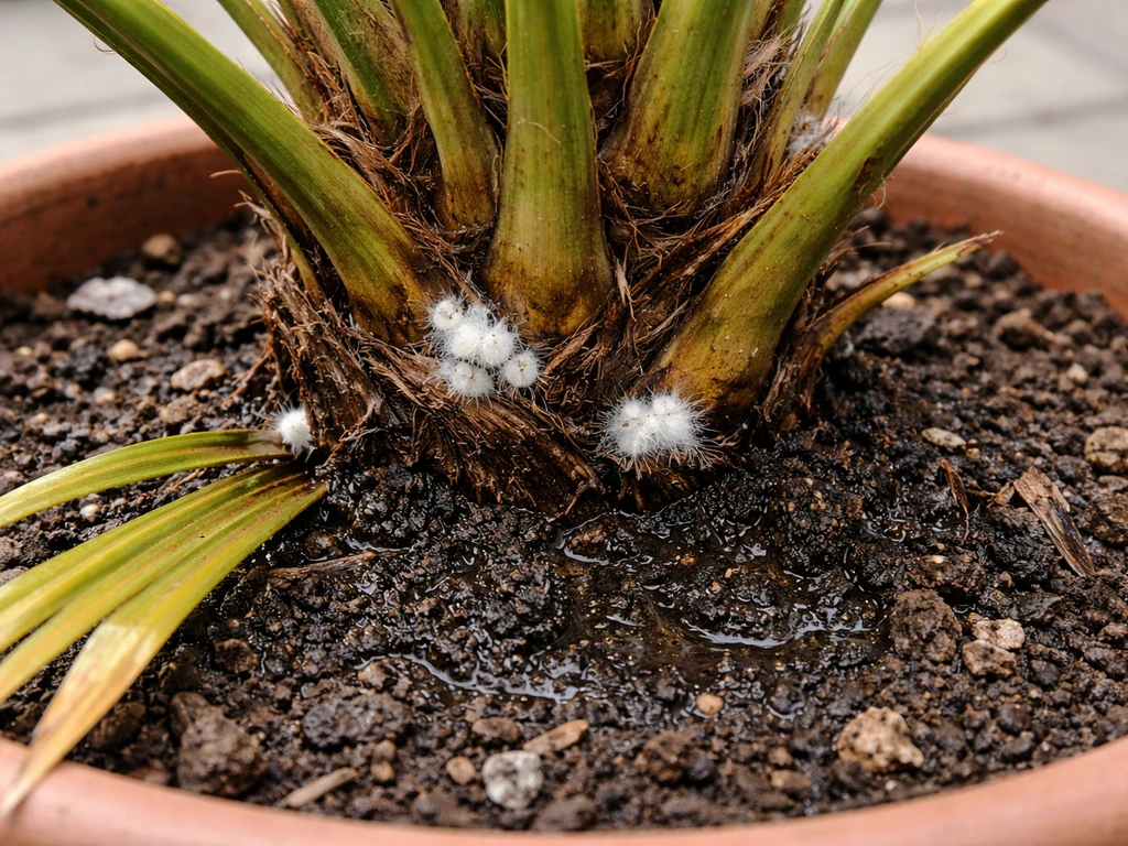 Close-up of container date palm base with cottony mealybug clusters and damp, yellowing-risk soil.