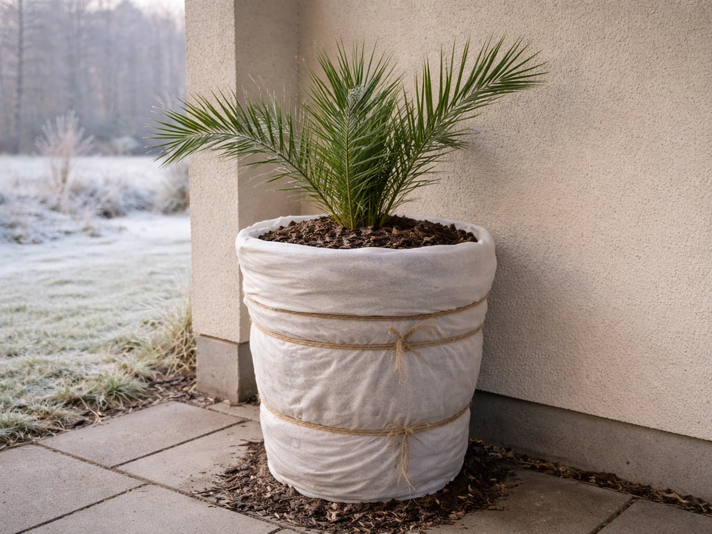 Large potted date palm with the pot wrapped in insulating horticultural material near a sheltered wall.