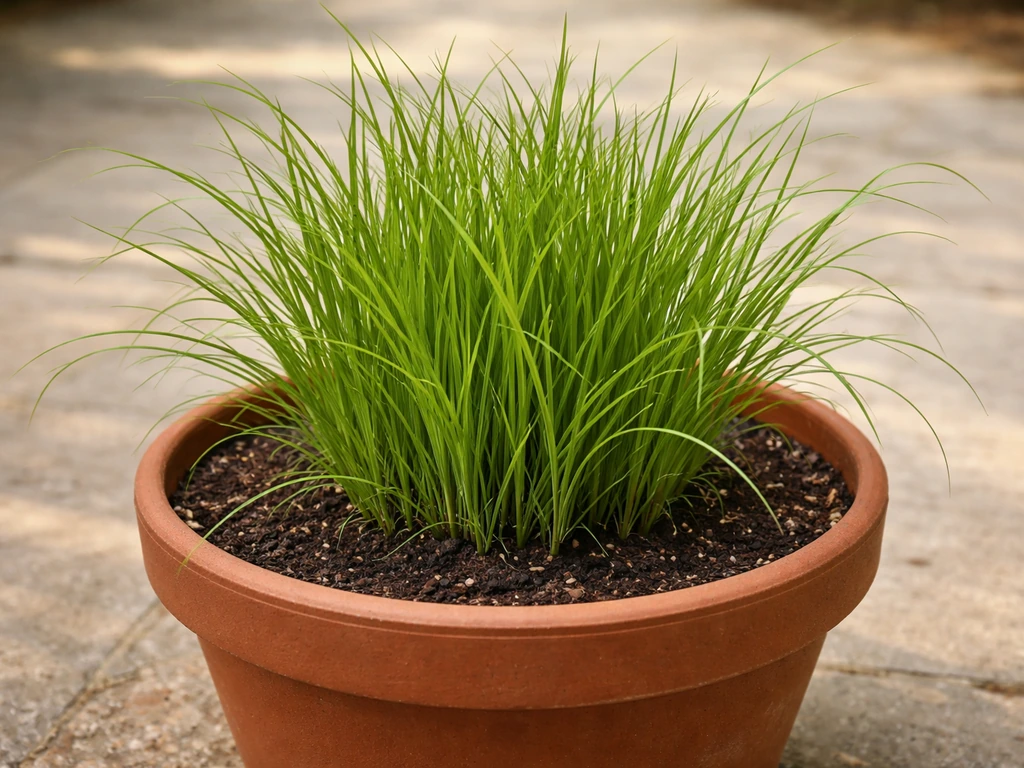 Lush sweetgrass growing in a wide terracotta pot outdoors, blades reaching upward.