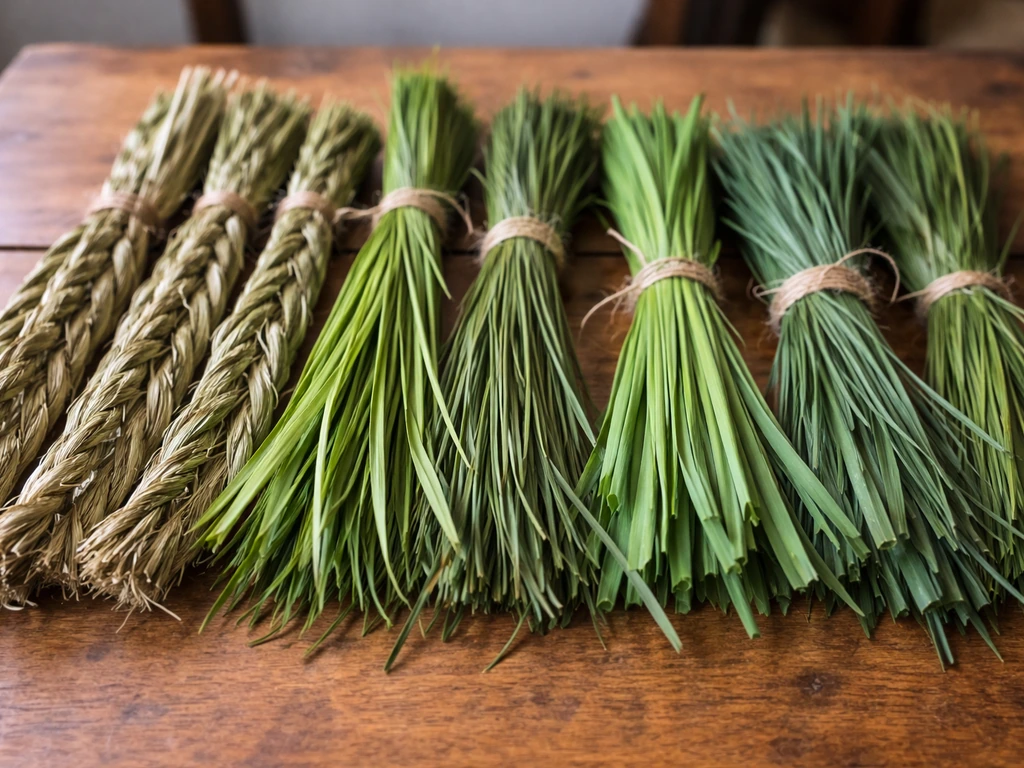 Multiple sweetgrass bundles and grass clumps with distinct textures and colors on a wooden table.