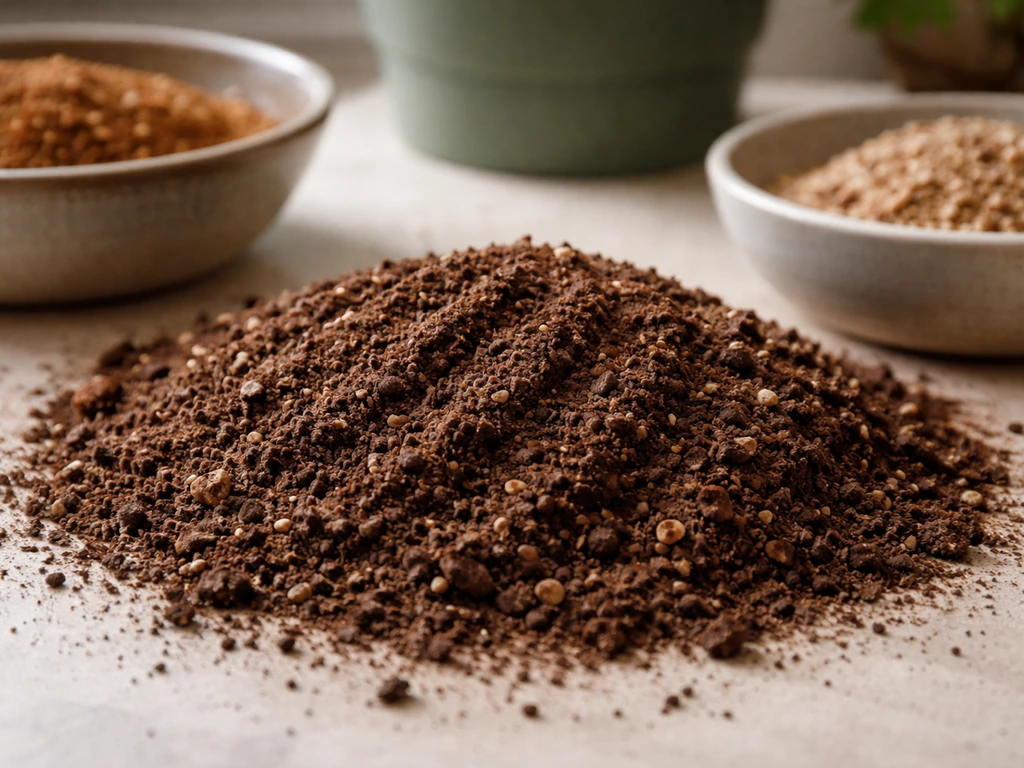 Close-up of a peat-free sweetgrass container soil mix with visible textures in small bowls.
