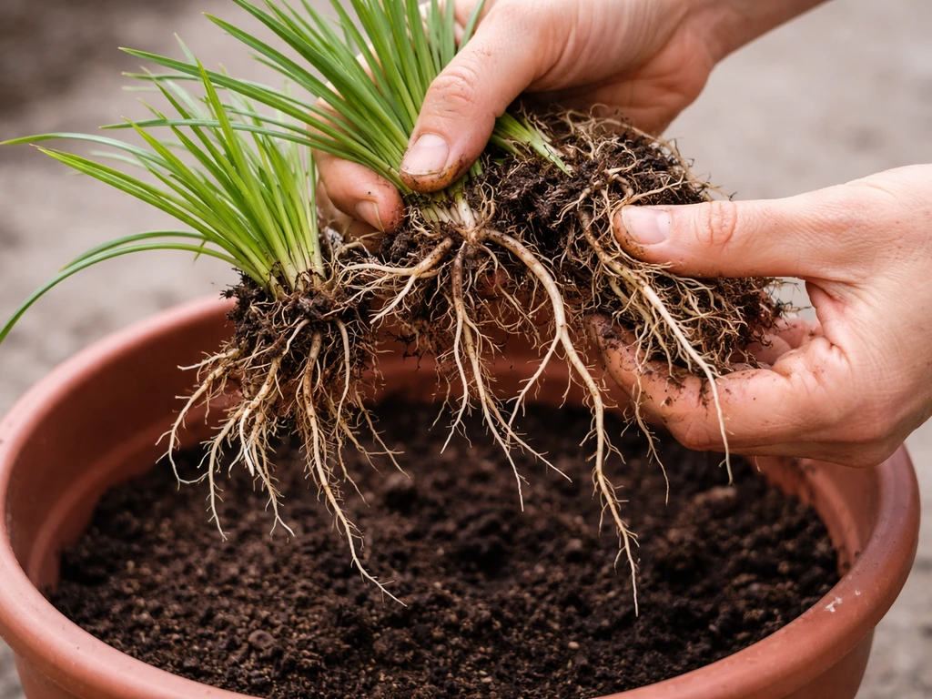 Hand holds sweetgrass division clump with visible shoots, gently being split above a soil-filled pot