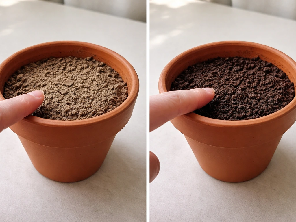 Two small potted plants side-by-side: one soil visibly dry and cracked, the other evenly moist and dark.