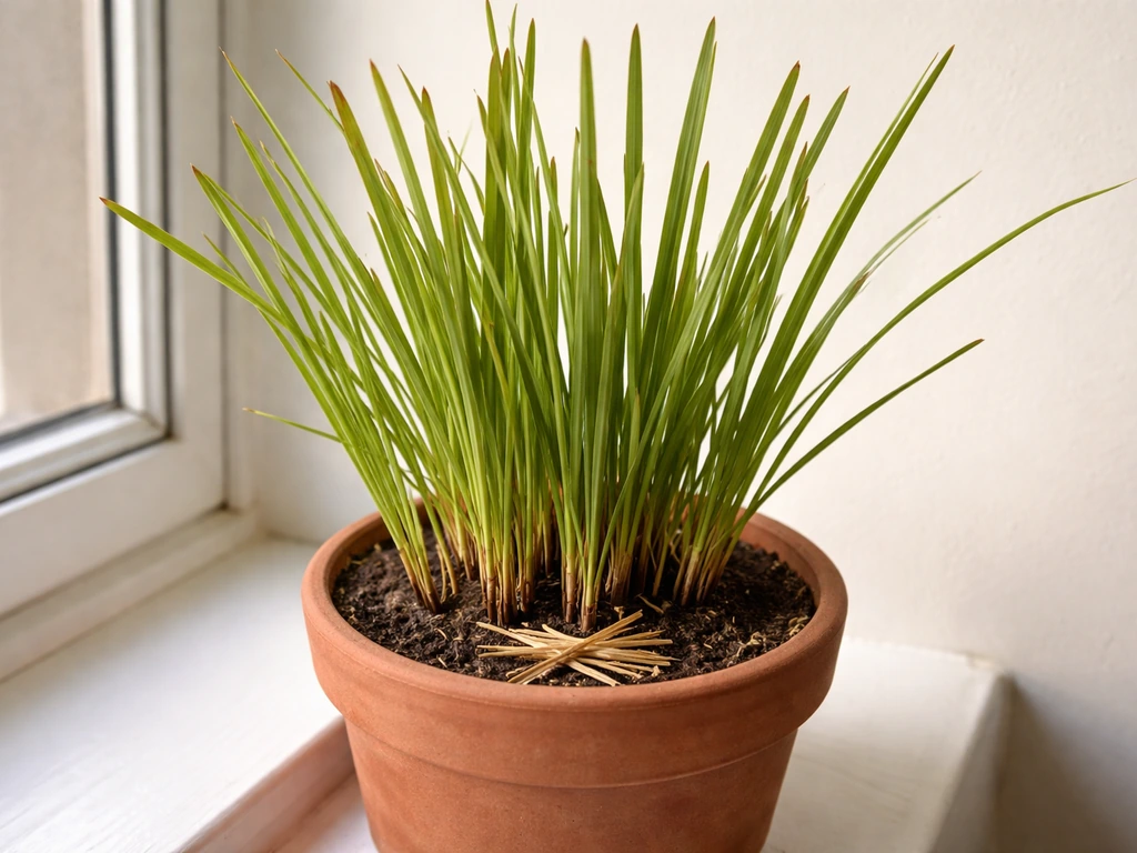 Sweetgrass in a small pot with brown crispy tips trimmed back, next to fresh green blades.