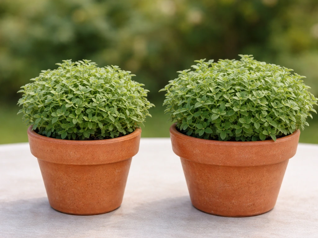 Two compact marjoram plants in small terracotta pots showing bushy container-friendly growth.