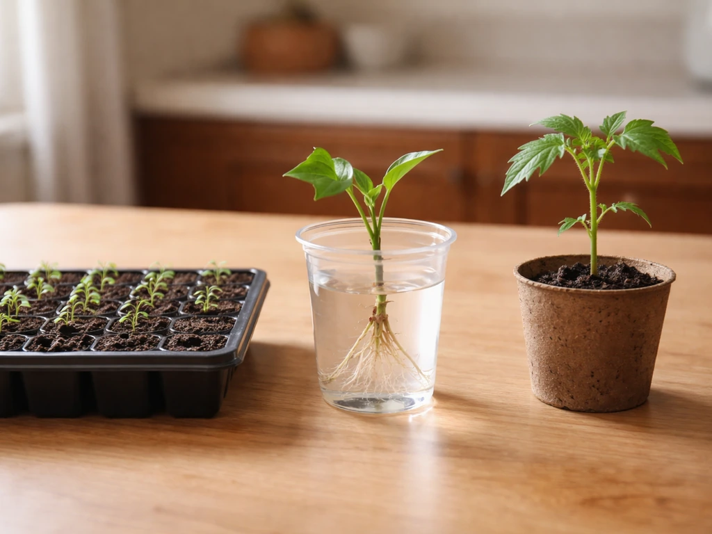 Three plant-start methods side-by-side: seedling tray, rooted stem cutting cup, and a nursery start ready to pot.