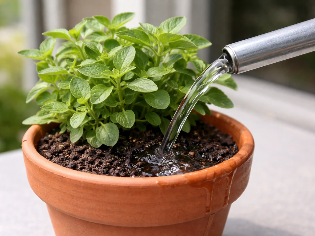 Watering a potted marjoram with a watering can, showing damp vs dry soil timing cues.
