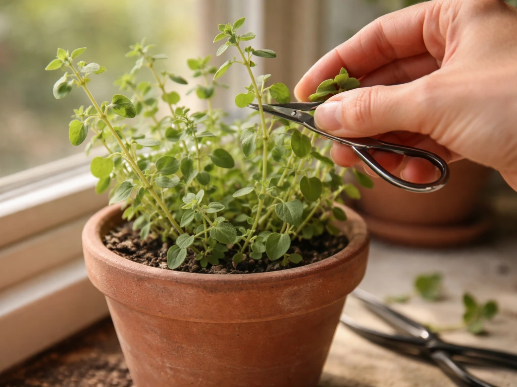 Hand snips a leggy marjoram sprig in a small pot with herb scissors on a sunny windowsill.