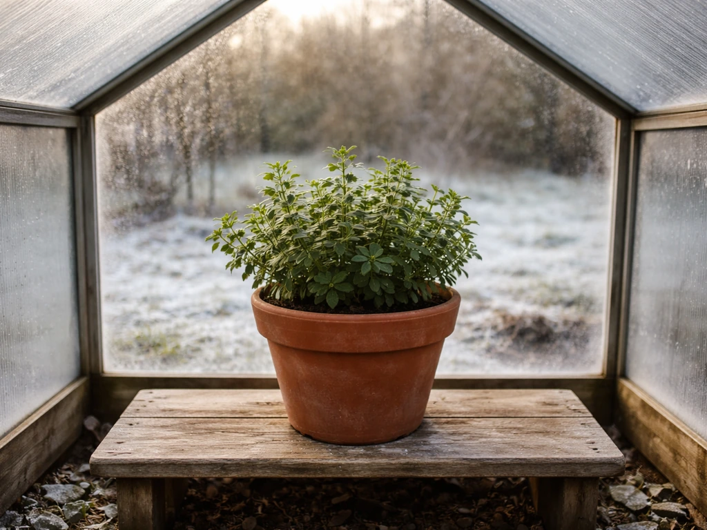 Terracotta marjoram pot inside a cold frame, with winter frost visible around it.