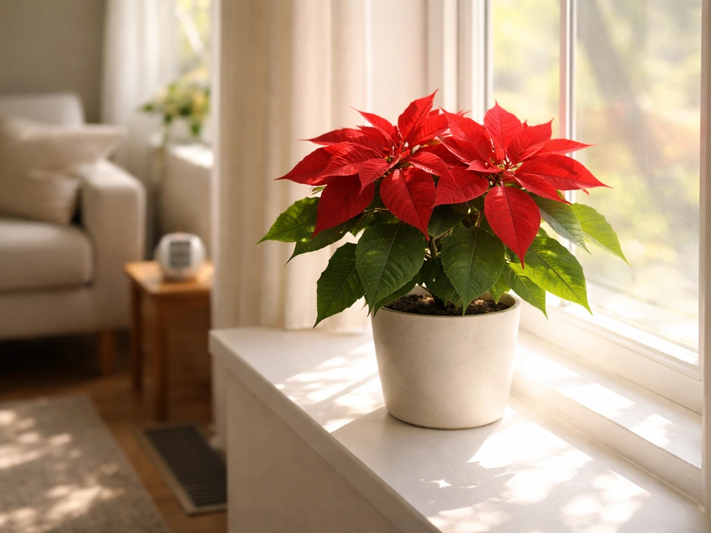 Poinsettia on a bright windowsill with sunlight streaming in, plus a nearby small thermometer.
