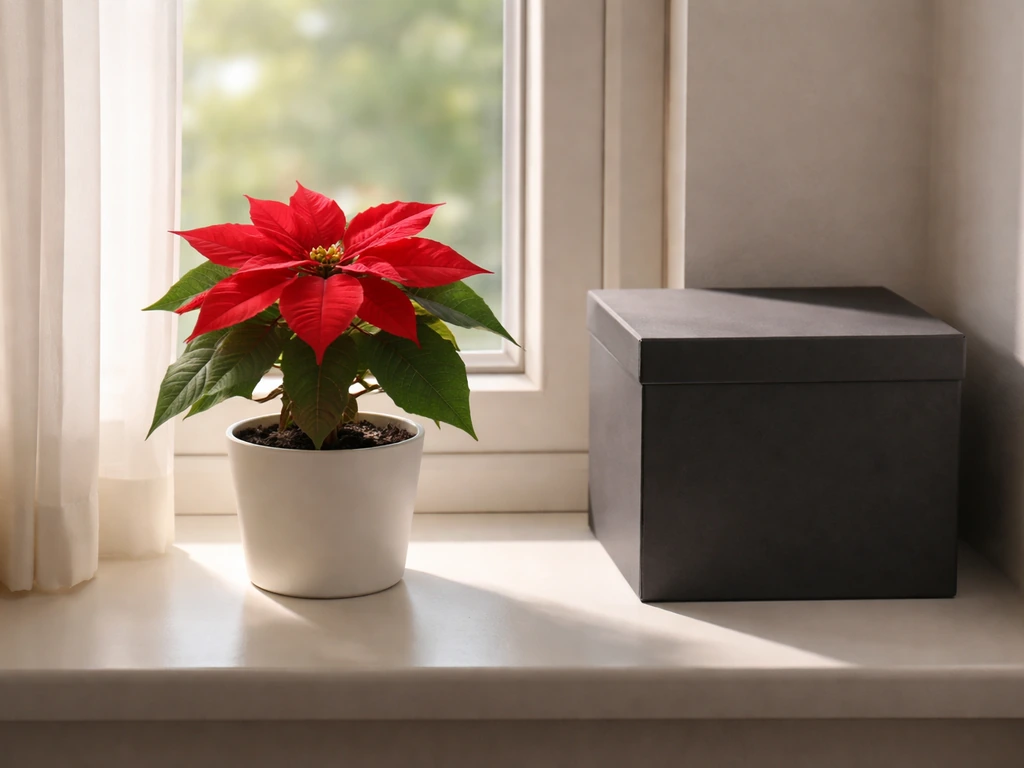 A red poinsettia sits by a window while a dark closet door stays closed to simulate a 15-hour night.