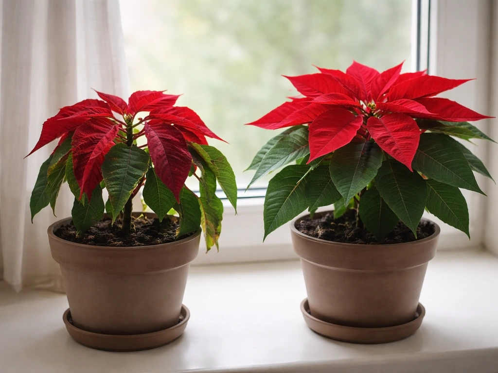 Poinsettia with drooping leaves beside a healthier plant, suggesting temperature shock from cold drafts.
