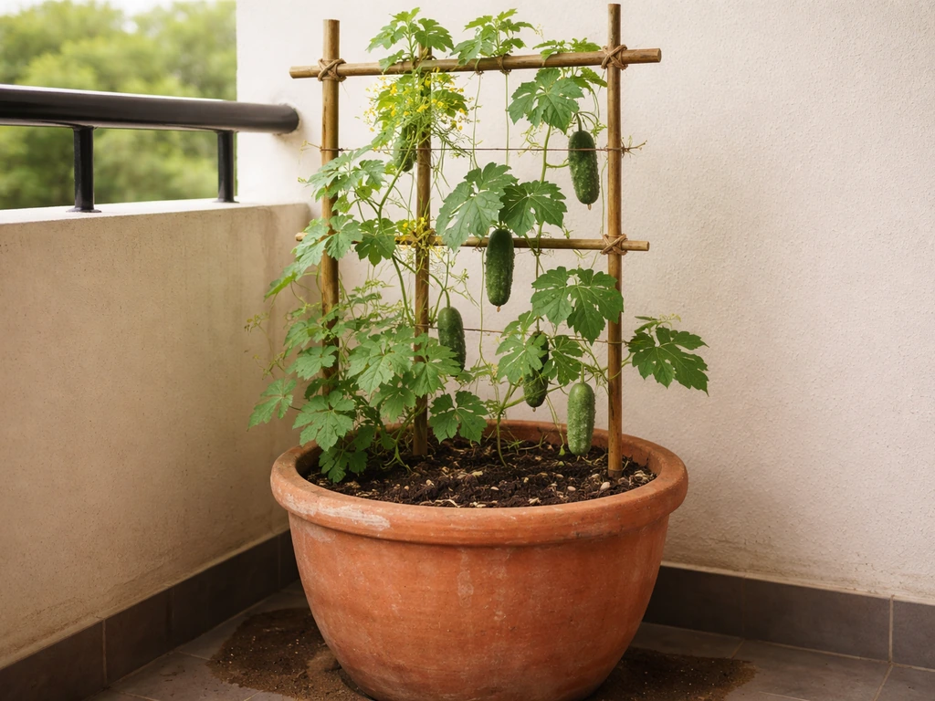 Green potol vines climb a trellis in large balcony pots, with small fruit visible on the vine.
