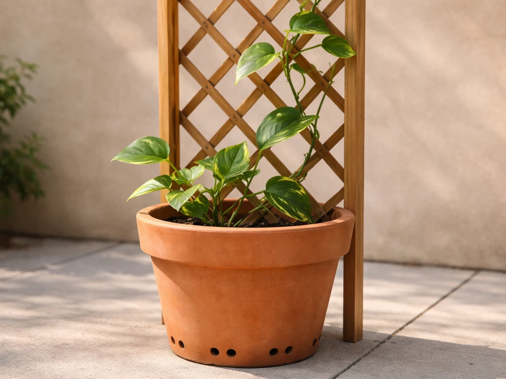 Small potted climbing vine beside a sturdy trellis, showing drainage holes and ample space for roots.