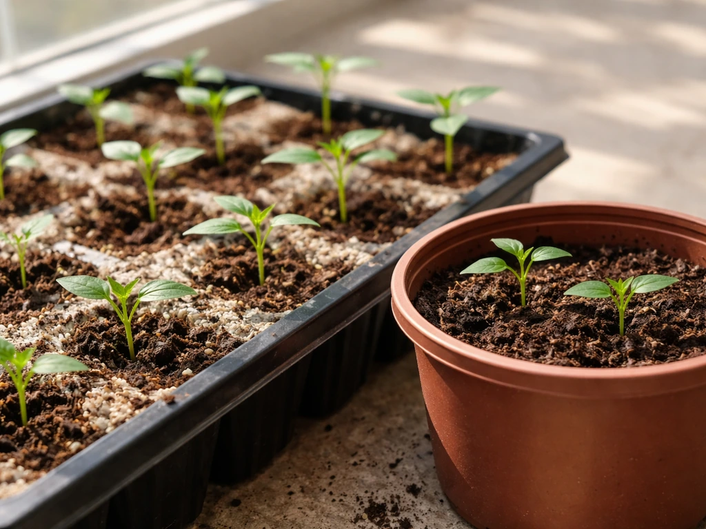 Potol seedlings sprouting in a small seedling tray beside a labeled pot with fresh soil.