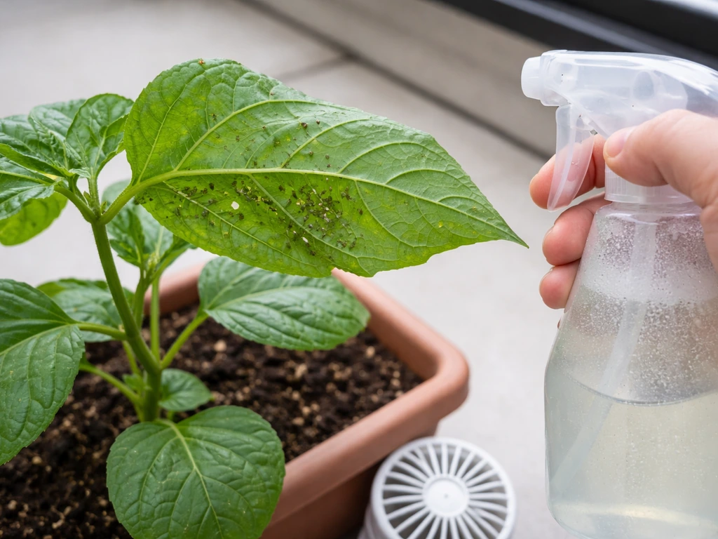 Container-grown potol leaf with aphids and leaf damage, with a soap spray bottle nearby.