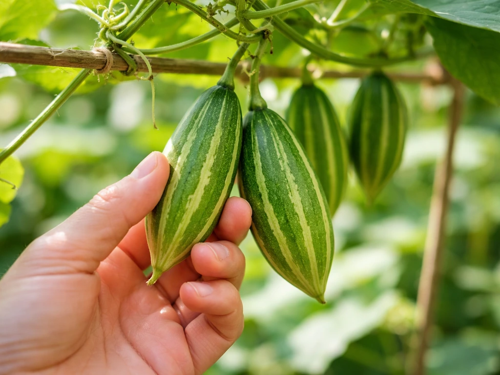 Hand harvesting small tender potol gourds from a vine with more fruits visible.