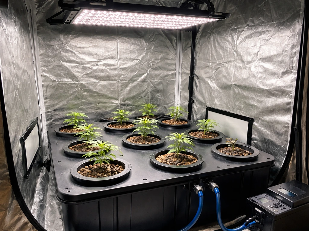 Indoor hydroponic cannabis grow tent with LED lights and healthy seedlings growing in net pots