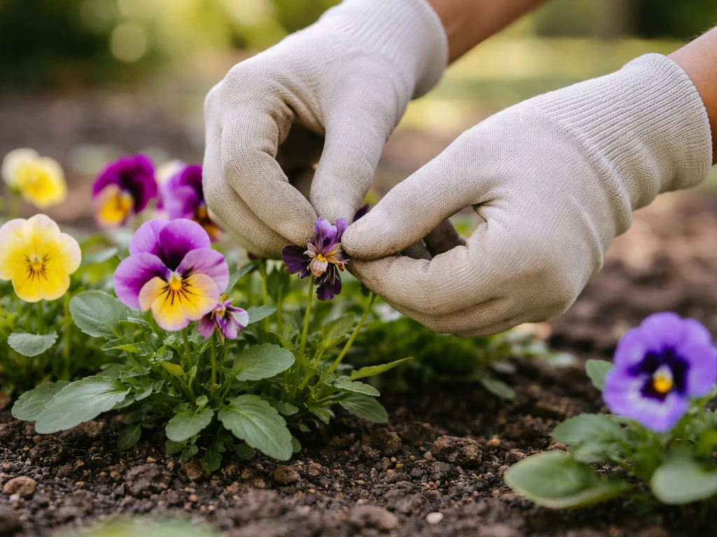 Close-up of hands deadheading pansies, snipping faded blooms near the base of the plant.