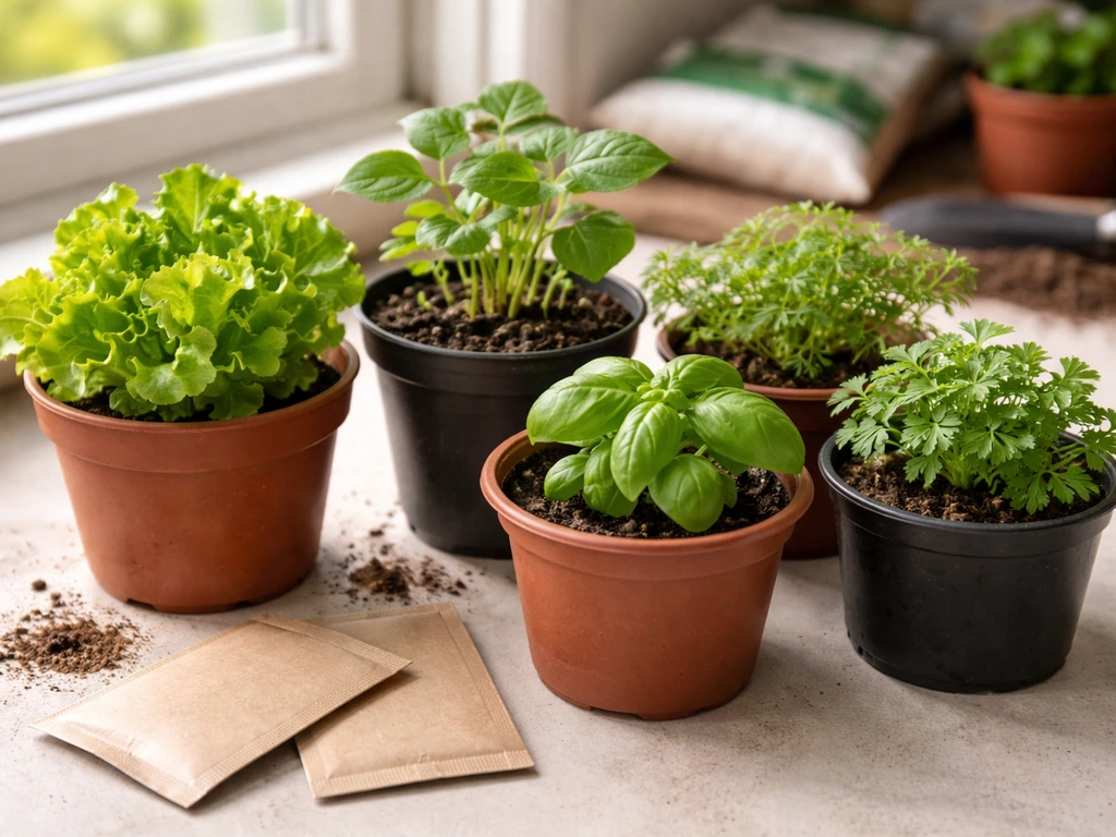 Compact fast-growing potted vegetable seedlings in small pots on a sunny windowsill.