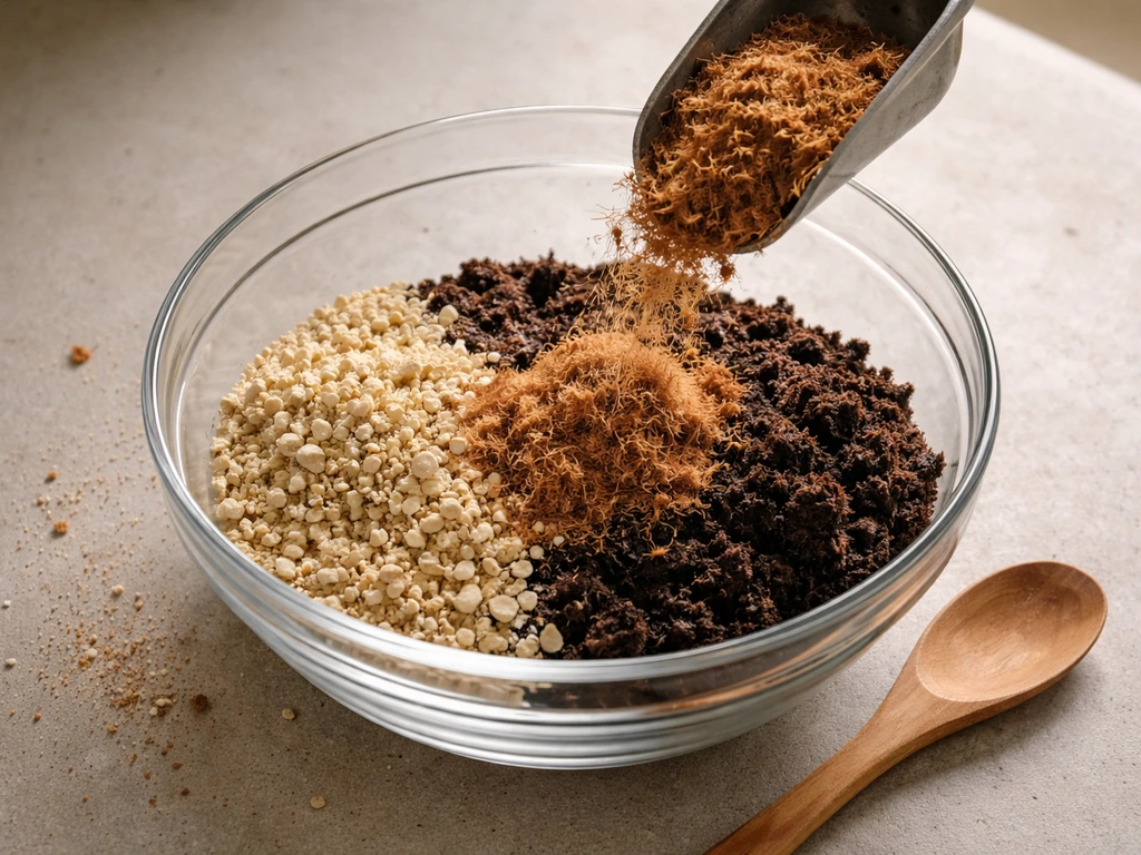 Top-down view of vermiculite and peat moss being mixed in a bowl for a lightweight potting soil.