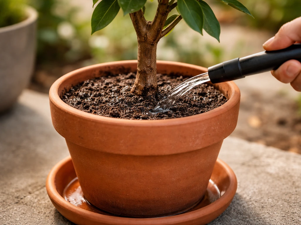 Close-up of slow watering at a potted plant’s base, damp soil, dry saucer, no pooling.