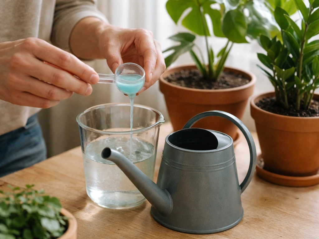 Hands mixing liquid fertilizer and watering potted plants indoors near a window.