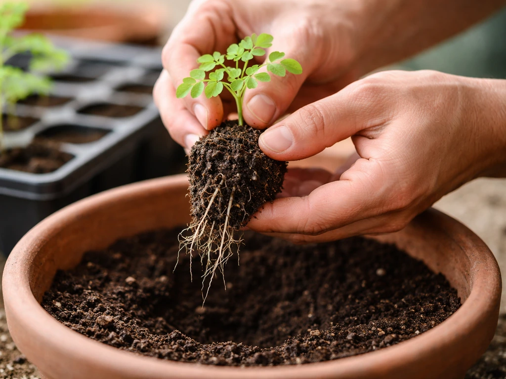 Gardener’s hands carefully moving a young moringa seedling from a small tray into a larger pot.