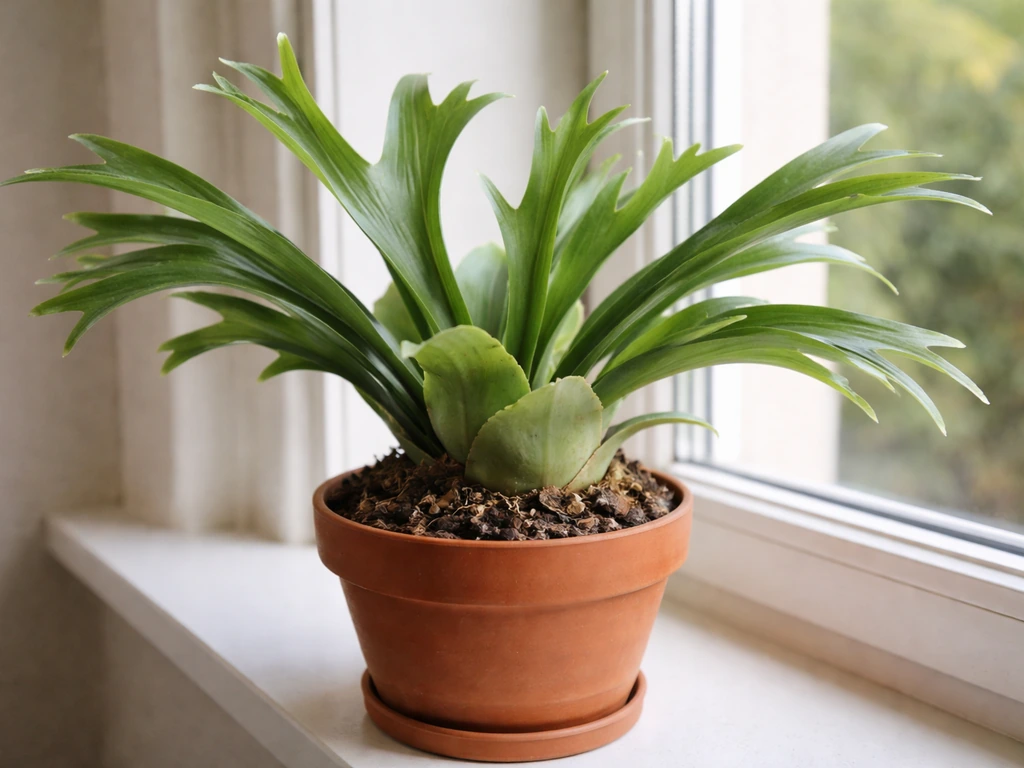 Elkhorn fern in a terracotta pot with visible antler and shield fronds in natural light.