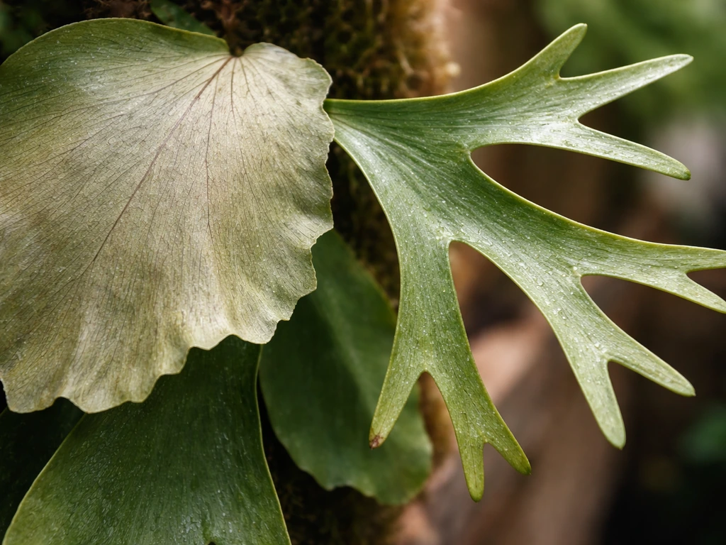 Close-up of elkhorn fern showing papery shield frond and antler-like branched frond types.