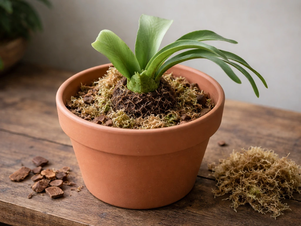 Terracotta pot with damp sphagnum-moss and bark mix, elkhorn fern roots set correctly.