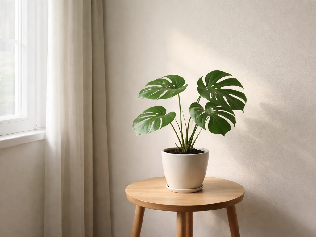 Potted plant near a north window in soft bright indirect light, neutral minimal room.