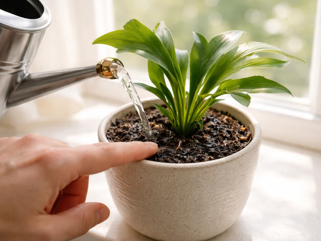 Hand using a watering can and checking soil moisture in a small potted green plant.
