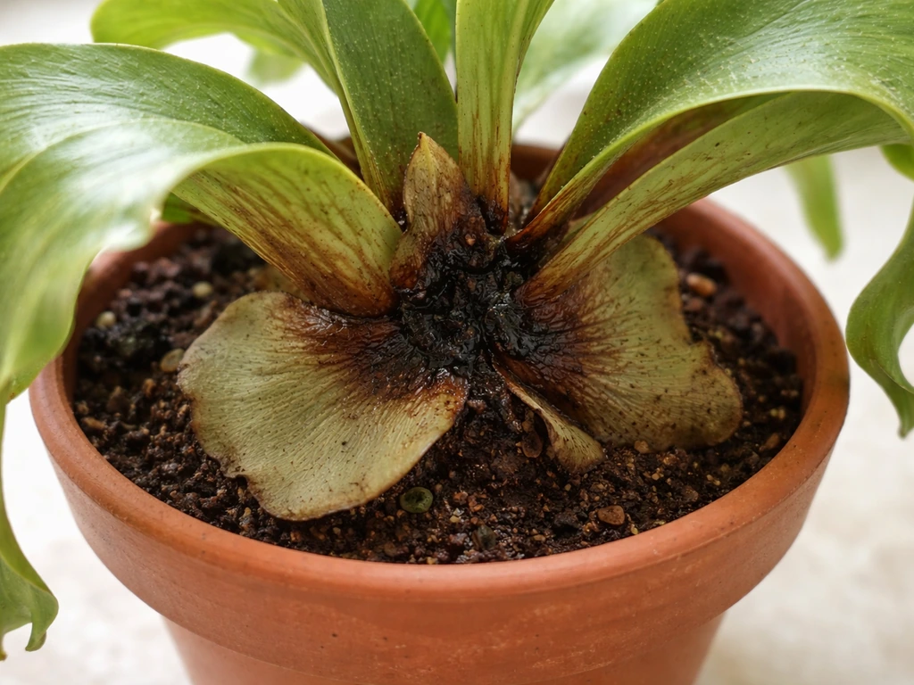 Close-up of an elkhorn fern in a pot showing black, mushy rot at the crown/base.