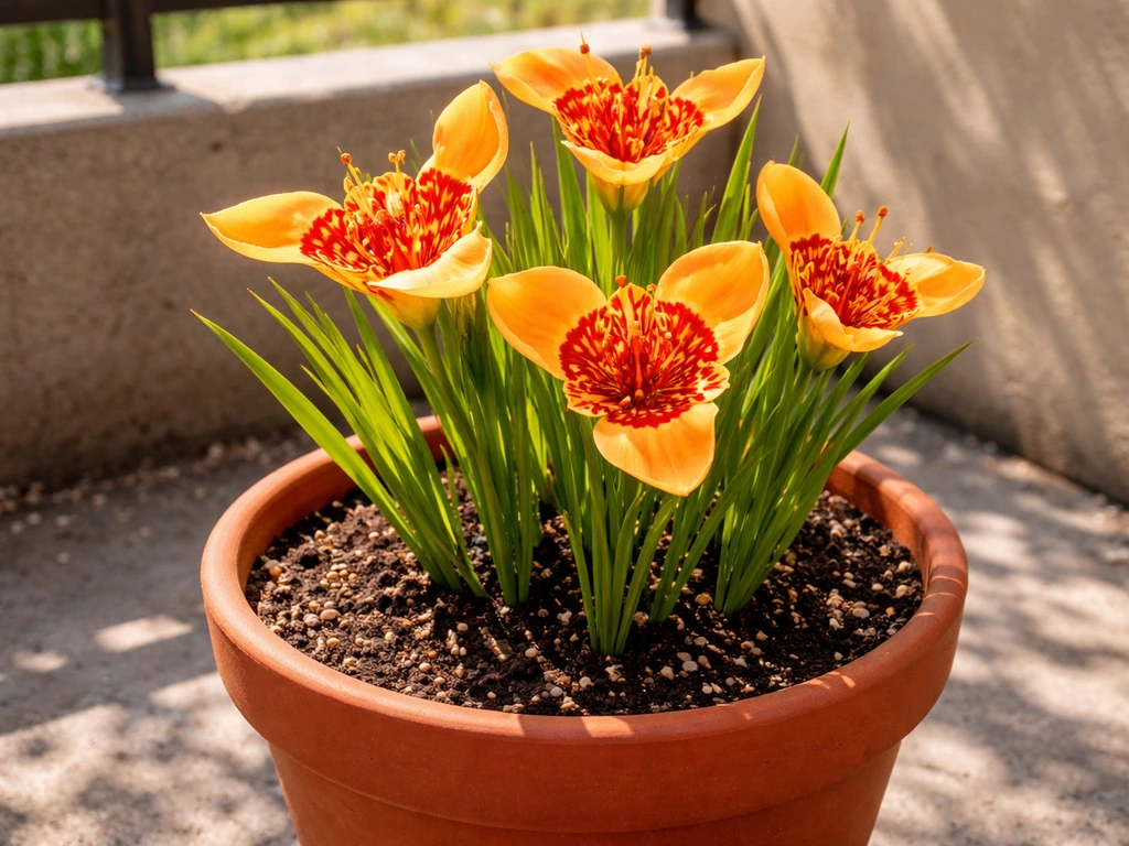 Vibrant tigridia flowers blooming in a terracotta pot on a sunny balcony patio.
