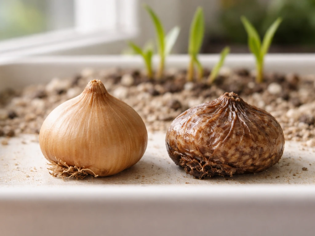 Close-up of firm and soft corms side by side with a spring planting backdrop